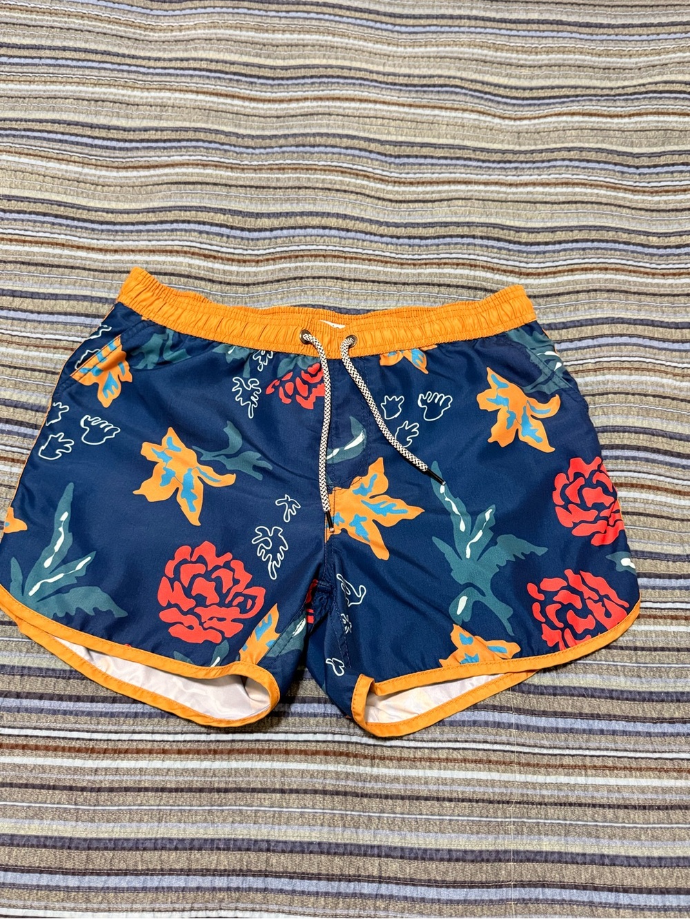 Men's maamgic Navy Floral Swim Trunks with Orange Trim